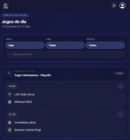 Tela do produto com a lista de jogos do dia, filtros por data, liga e status, e partidas agrupadas por competição